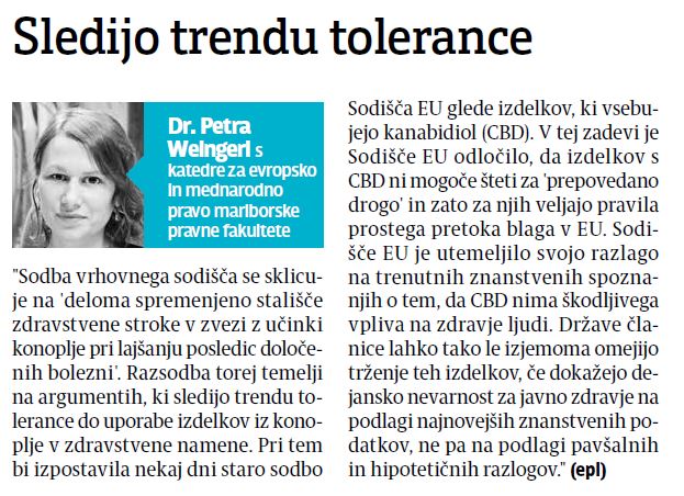 Doc. dr. Petra Weingerl in doc. dr. Miha Šepec komentirala sodbo Vrhovnega sodišča RS glede oprostitve zagovornika legalizacije konoplje, Večer, 26. novembra 2020