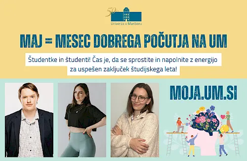 Infografika Maj = Mesec dobrega počutja na Univerzi v Mariboru s fotografijami vseh treh gostov Infografika Maj = Mesec dobrega počutja na Univerzi v Mariboru s fotografijami vseh treh gostov